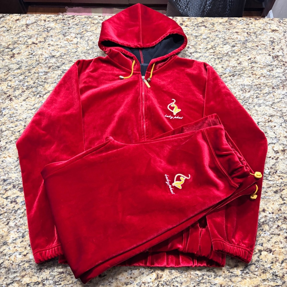 Baby Phat Red Velour Tracksuit Set Zip Hoodie Wide Leg Pants XL Vintage Y2K v